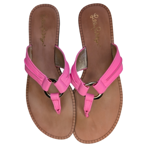 Lilly Pulitzer McKim Pink Tropics Leather T-Strap Sandals Size 6.5 - Nearly New - Picture 5 of 9